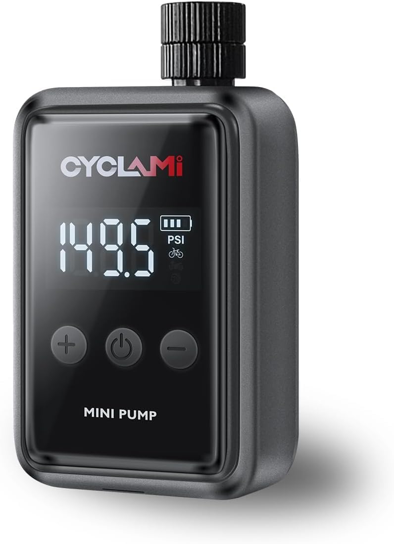 Electric Bike Pump – CYCLAMI Mini 150 PSI Air Compressor with Digital Pressure Gauge