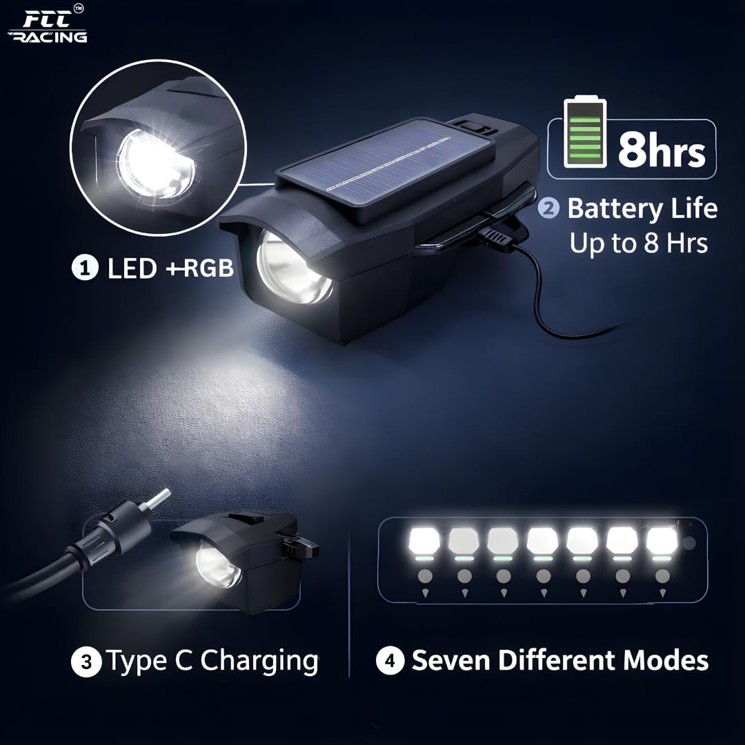 Solar Charging Bicycle LED Front Light with RGB