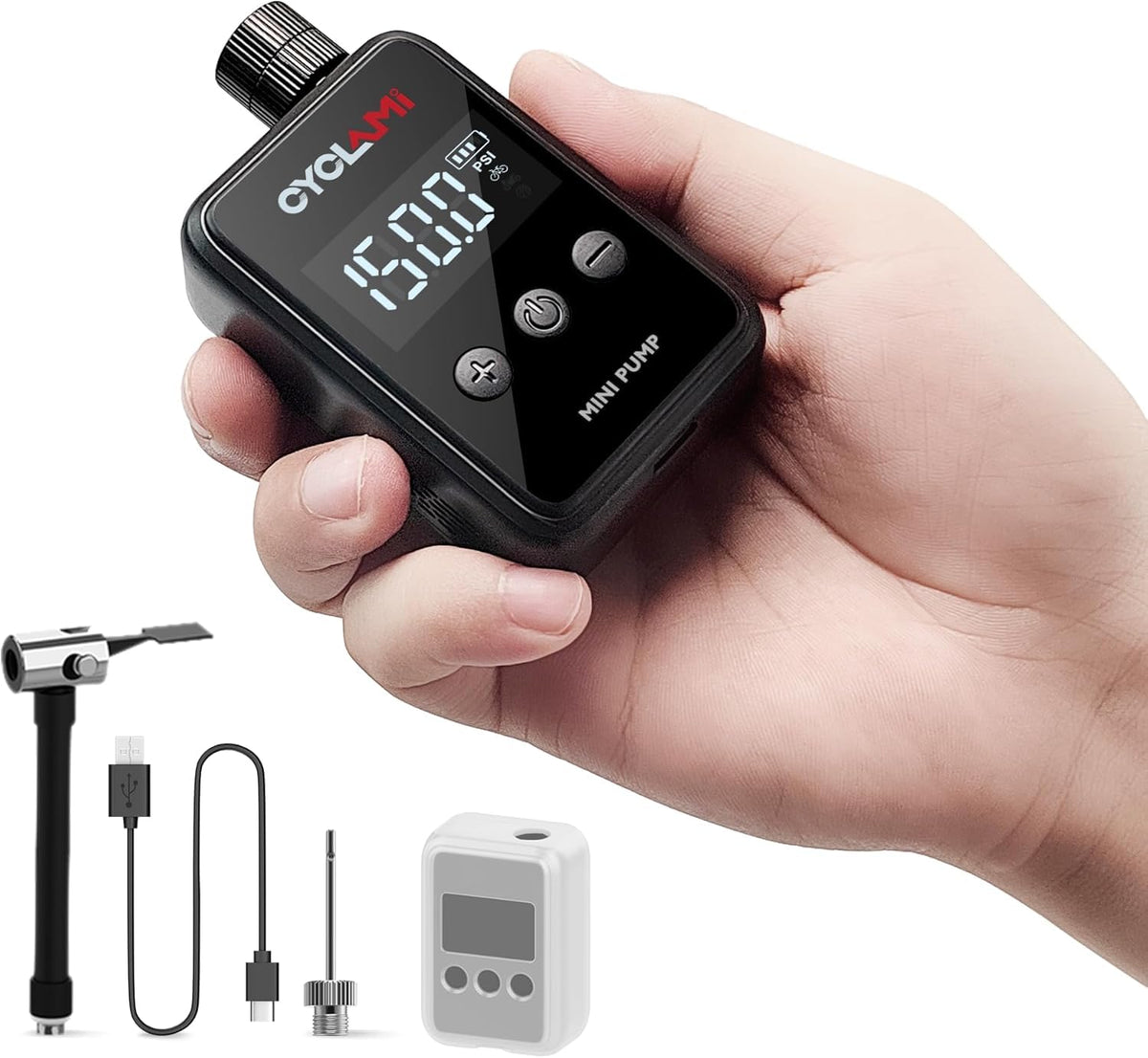 Electric Bike Pump – CYCLAMI Mini 150 PSI Air Compressor with Digital Pressure Gauge