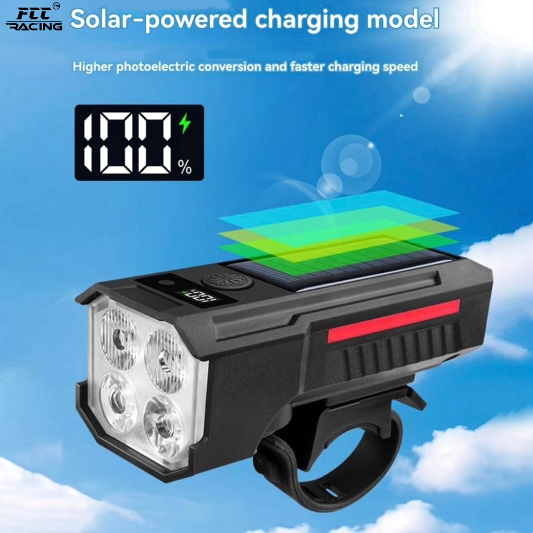 Solar Powered Rechargeable Bicycle Front Light with Horn