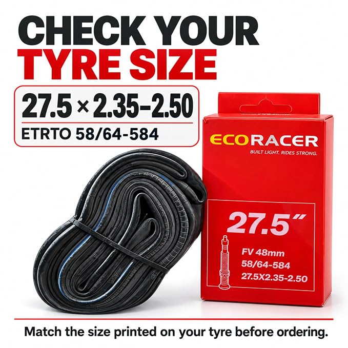 ECORACER ECO Trail Bicycle Inner Tube 27.5 x 2.35–2.50, Butyl Rubber, 48mm Presta Valve