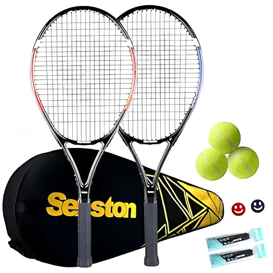 Senston Tennis Racket Set for Adults & Beginners – 2 Racquets (27 inch) Lightweight with Carry Bag, 2 Overgrips, 2 Vibration Dampers, 3 Balls – Red & Blue