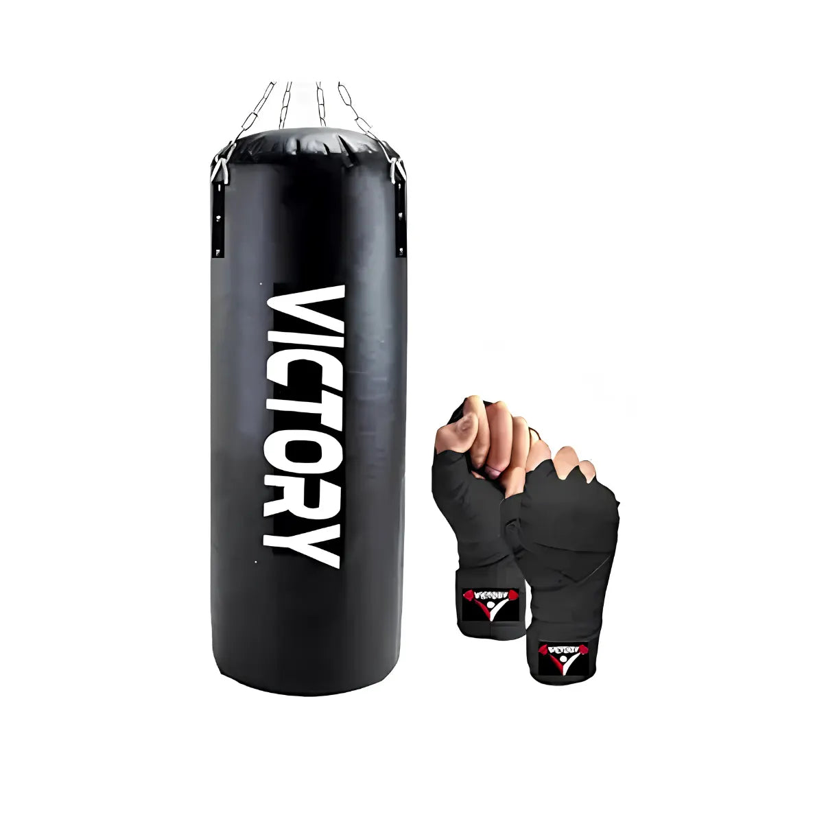 Victory Heavy Synthetic Leather Boxing Punching Bag Black | Hand Wrap | Stainless Steel Hanging Chain | Boxing | MMA | Kickboxing | Muay Thai | Karate | Judo | Taekwondo (5 Feet)