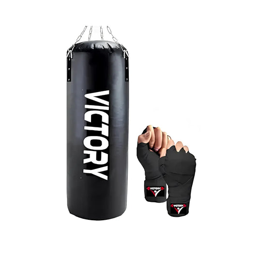 Victory Heavy Synthetic Leather Boxing Punching Bag Black | Hand Wrap | Stainless Steel Hanging Chain | Boxing | MMA | Kickboxing | Muay Thai | Karate | Judo | Taekwondo (5 Feet)
